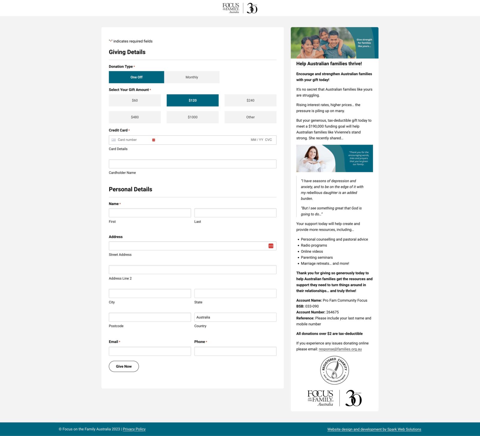screenshot of the donation page on focus on the families website