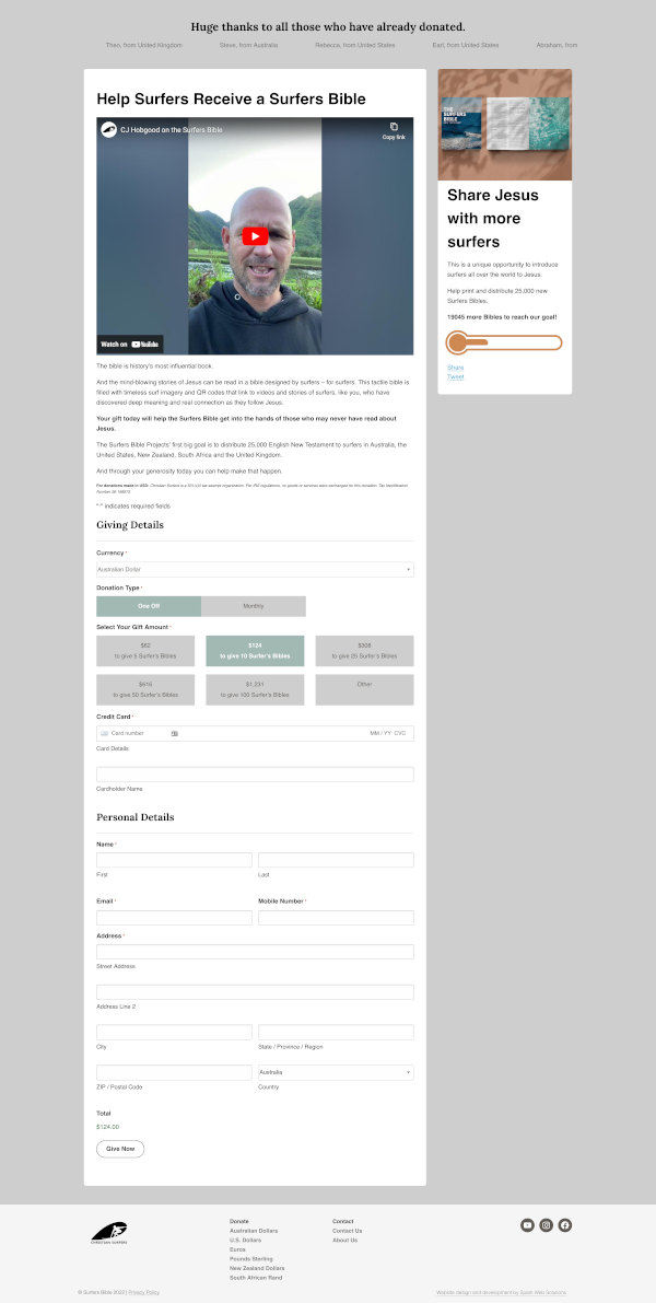 screenshot of the donation page on the surfers bible website